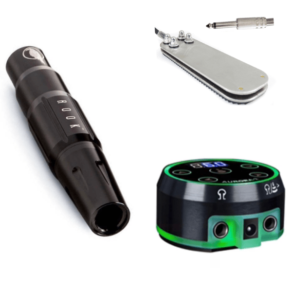 Rook Quill Tattoo Machine + Aurora-2 Power Supply +Stainless Steel Tattoo Foot Switch Pedal